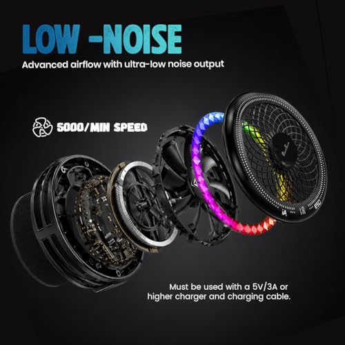 Image of PunnkFunnk Phone Cooler for Gaming, 5000 RPM 7-Blade Fan, RGB Light, Semiconductor Cooling Chip, Type-C Powered, LED Display, Clamp Mount Mobile Cooling Fan for Android & iOS (Black)