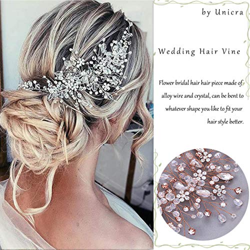 Unicra Bride Flower Wedding Hair Vine Crystal Bridal Hair Piece Rhinestone Party Hair Accessories Leaf Hair Jewelry Bead Headpiece for Women and Girls (Rose Gold) - Thumbnail 4