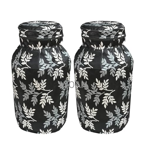Image of Woah Cotton DustProof and Dustproof LPG Gas Cylinder Cover| Top Design Stain| Dust| DustProof PVC LPG Gas Cylinder Cover, Polyester Gas Tank Cover Fits StandardG (Pack of 2, Black Leaf)
