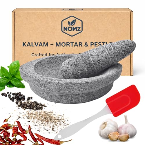 Image of NOMZ Stone Mortar and Pestle Set (Kalvam) 7 Inch Boat Shape, 2.5 Kg, 3 /4 Cup | Handmade Silbatta for Chutney and Masala | Heavy Duty Khalbatta with Anti-Skid Base