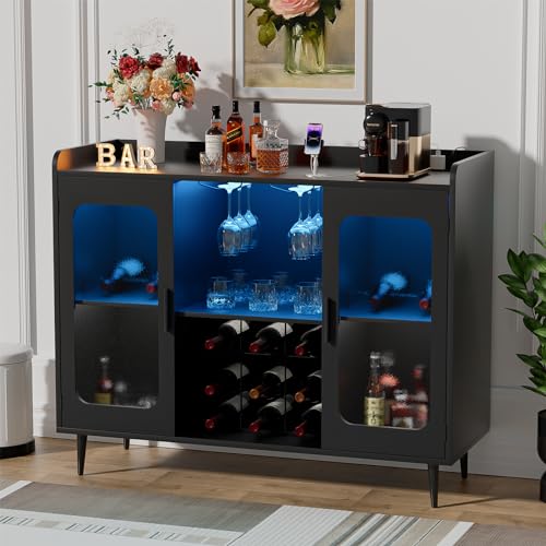 Hyomdeck Liquor Cabinet Bar with Power Outlet & LED Light, Wine Bar Cabinet with Wine & Glasses Rack, Home Coffee Bar Cabinet, Buffet Sideboard with Storage shelf for Kitchen Dining Room, Matte Black