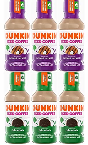 Diamond coast Dunkin donuts Iced coffee variety pack, 2 s'morse, thin mint, coconut Caramel, 13.7 fl oz, total 6 bottles