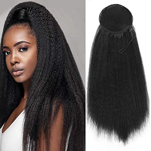 CINHOO Yaki Ponytail Extension Heat Resistant Synthetic Kinky Srtaight Drawstring Ponytail Extensions for Black Women,Long Afro Puff Hair Ponytail Extension 20inch（1B）