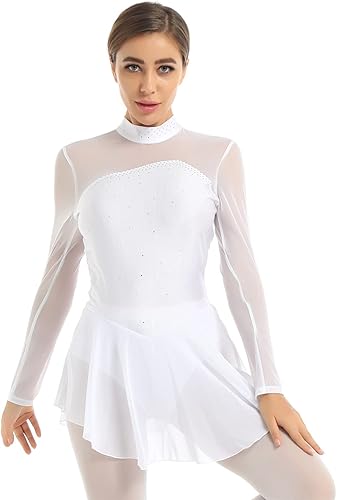 YiZYiF Womens Adult Figure Ice Skating Dress Long Sleeve Roller Skating Ballet Dance Dress Costume
