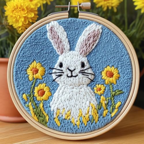 Image of DIY Punch Needle Kits A Cute White Rabbit Happy Easter Easy for Beginners Punch Needle Yarn Starter Embroidery Set for Craft Lovers with Hoop for Home Decor 20x20cm(1)