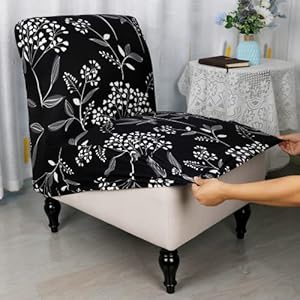 Armless Accent Slipper Chair Cover Slipcover,Stretch Spandex Printed Removable Non-Slip Silp Cover for Accent Chair Without Arms for Living Dining Room(Black/Leaves,1) Armless Accent Slipper Chair Cover SlipcoverStretch Spandex Printed Removable Non Slip Silp Cover for Accent Chair Without Arms for Living Dining RoomBlackLeaves1