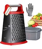 Ourokhome Stainless Steel Box Grater - 4 Side 10 inch Cheese Grater with a Container Box and Resistant Glove (Red and Black)