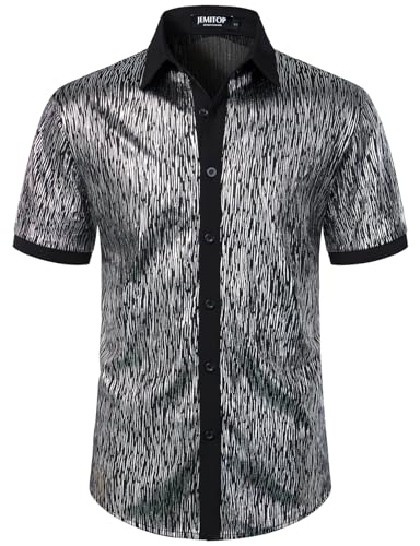 JEMITOP Mens Shiny Metallic Sequin Stretchy Short Sleeve Button Down Shirts 70s Disco Party Halloween Costume Black Silver M