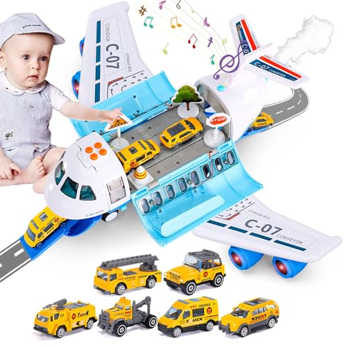 iHaHa Spray Airplane Toys for Boys Girls, Large Transport Cargo Airplane with 6 Construction Vehicle 10 Road Signs 1 Play Mat, Plane Toy with Lights Sounds for Boys Age 3 4 5 6