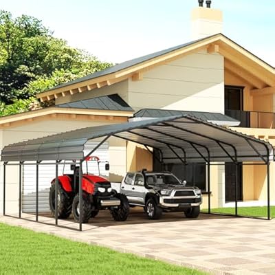 EBE 20' x 20' Metal Carport, Heavy Duty Outdoor Carport with Galvanized Steel Roof and Updated Frame Structure, Carport Garage Car Shelter Shade for SUV, Truck and Boats, Grey