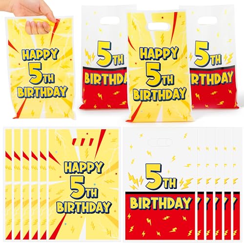 Andi Cppss Happy Birthday Party Favor Bags - 50PCS Red White Yellow Lighting Bolts Plastic Goodie Bags with Handle for Kids Cartoon Goody Treat Candy Gift Bag for Girls Boys 5th Birthday Party Favors