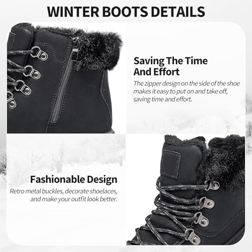 XRH Women’s Winter Warm Boots Black Snow Combat Boots With Zipper,Comfortable Fur Lined Women Ankle Boots Non Slip Hiking Boots For Women4