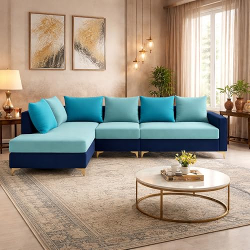 Image of FURNY Gloriss 6 Seater Fabric LHS L Shape Sofa Set with Multi-Color Aqua Blue Cushions (Sky Blue-Dark Blue) Premium Velvet Finish with Golden Legs | Ideal for Living Room, Offices