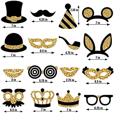 16PCS Birthday Party Photo Props Black and Gold Photo Booth Props And Signs Prom Photobooth Party Props Moustache Glasses Hats Cro wns Photo Props Birthday Selfie Props For Adult Kid Wedding