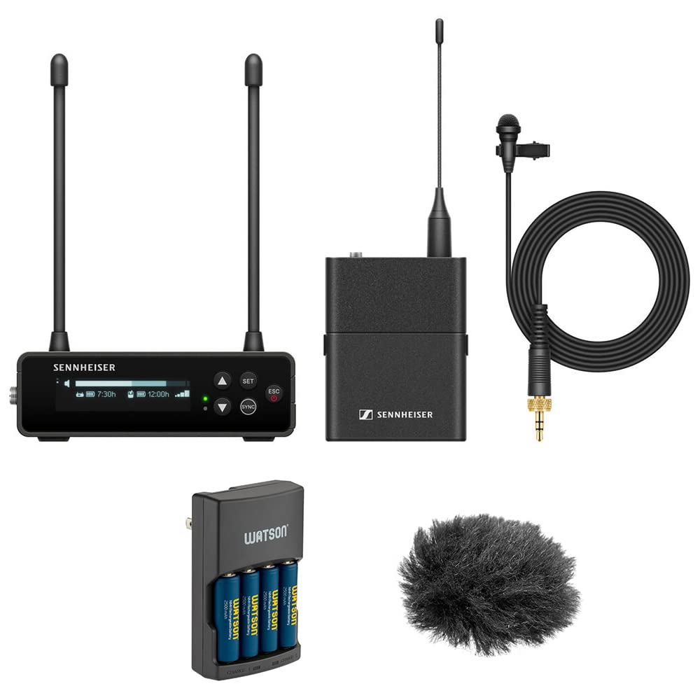 Sennheiser EW-DP ME 2 Set Camera-Mount Digital Wireless Omni Lavalier Mic System (R4-9: 552 to 607 MHz) Bundle with Auray WLW Fuzzy Windbuster and Watson Rapid Charger with 4 AA Batteries