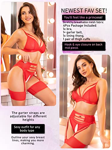 Popiv 4 Piece Garter Lingerie For Women, Sexy Cutout Lingerie, Mesh Matching Lingerie Set Red #TOP2