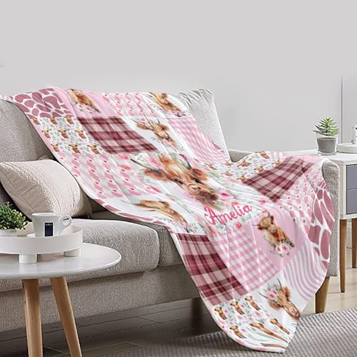 Image of Custom Highland Cow Themed Blanket, Personalized Highland Cow Gifts for Boys Girls,Soft Flannel Throw Blanket with Name,50 inchx60 inch for Teens