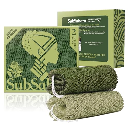 SubSahara Authentic African Net Sponge - 2 Pieces Exfoliating Scrubber for All Skin Types, Bath Sponge for Face & Body, Travel Portable, Durable, Gentle Exfoliation (Olive Green & Light Green)
