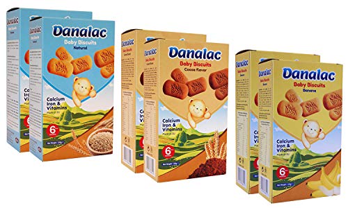 DANALAC Biscuits pour bébé (Combo Pack) 120g - 2 Banana, 2 Cocoa, 2 Natural Plain - Snack pour les tout-petits de 6 mois et plus avec calcium, fer et vitamines
