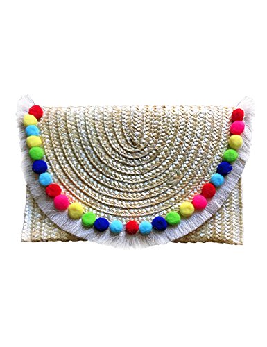 T&j designs straw pom pom fringe clutch, white, large
