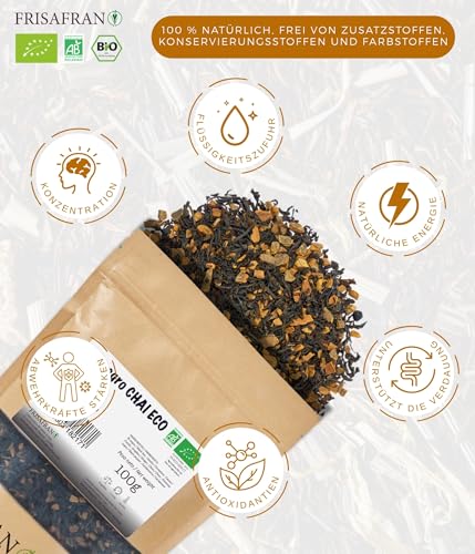 FRISAFRAN | Chai Schwarztee in Großpackung Bio 200g | Antioxidans | Energetisierend | Entzündungshemmend | entkoffeiniert | natürlich | ohne Zusatzstoffe | Gewürztee | Instant Chai Tee Pulvermischung