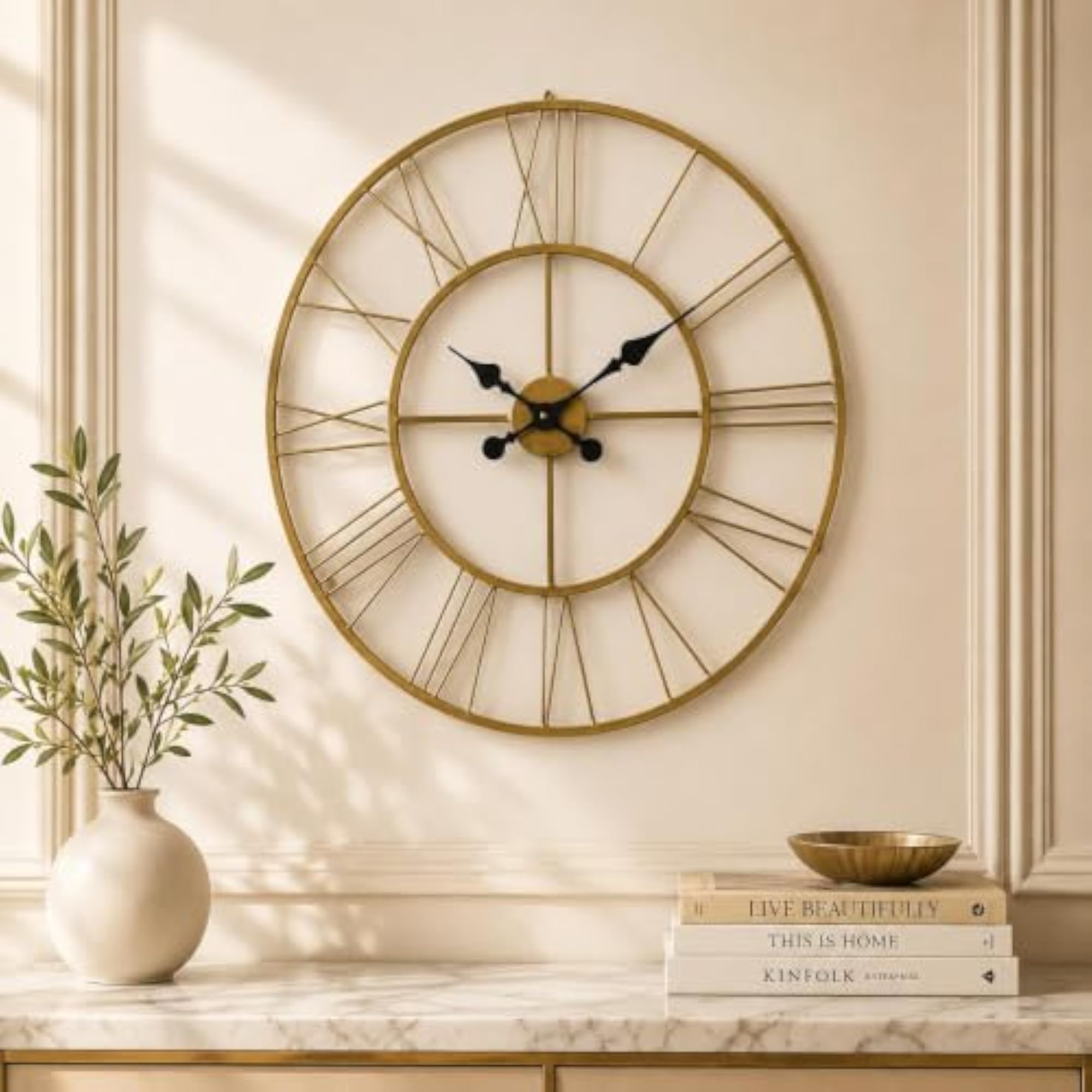 Large Metal Roman Wall Clock in Antique Gold