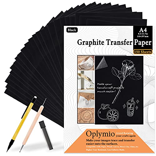 Oplymio 150 Sheets Carbon Transfer Paper Black Graphite Copy Paper Tracing with Embossing Stylus Set for Wood, Paper, Canvas and Other Art Craft Surfaces(8.3 x 11.7 Inches)