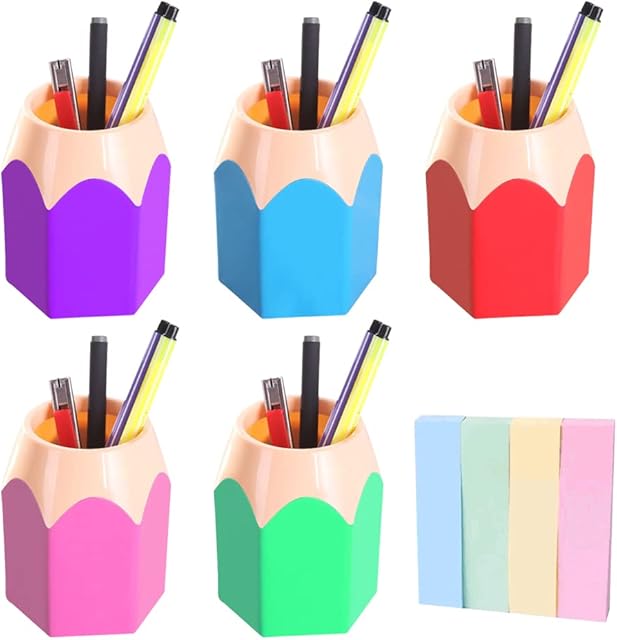 Gobesty 5 Pack Plastic Pen Vase Pencil Pot, Pencil Tip Design Pencil Pot Set with 400 PCS Colorful Mini Sticky Notes Category Label, Desk Pen Pot Holder for Office Accessories Organizer Pen Mug