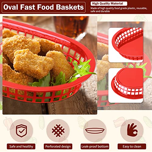 60 Pcs fast food basket for Serving 10.5\" x 7\" plastic Oval Retro Storage basket plates Bin Food Service Tray for Restaurant Chip Hot Dog Burger Sandwiches Picnic Party(Red) - Thumbnail 3