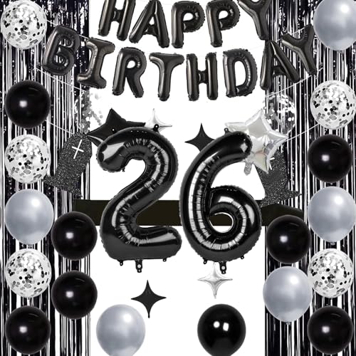 32 Inch 26 Balloon Numbers, Happy Birthday Balloon Banner 16 Inch Mylar Foil Letters Balloon Silver and Black Star Balloons for 26th Birthday Decorations for Men Black Party Decorations by Woizoeiy - Used condition - Image 4