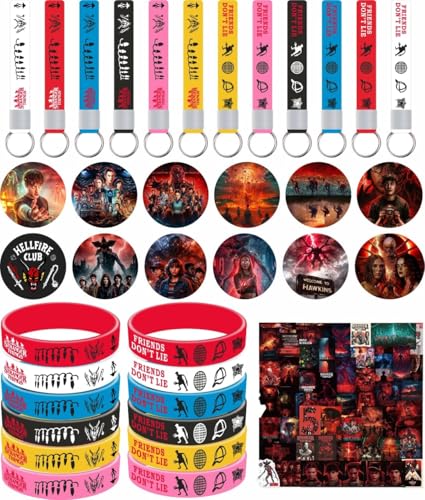 Teeo Deeo Stranger Birthday Party Supplies, 86pcs Birthday Party Decorations Set Included 12 Bracelets, 12 Acrylic Pins, 12 Keychains, 50 Stickers, for Boys and Girls Cartoon Theme Party