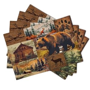 Rustic Lodge Placemats Set of 4,12x18 Inch Bear Deer Fox Cabin Country Brown Black Table Mats Heat Resistant Non-Slip Place Mat Kitchen Dining Room Party Decor Indoor Outdoor Rustic Lodge Placemats Set of 412×18 Inch Bear Deer Fox Cabin Country Brown Black Table Mats Heat Resistant Non Slip Place Mat Kitchen Dining Room Party Decor Indoor Outdoor