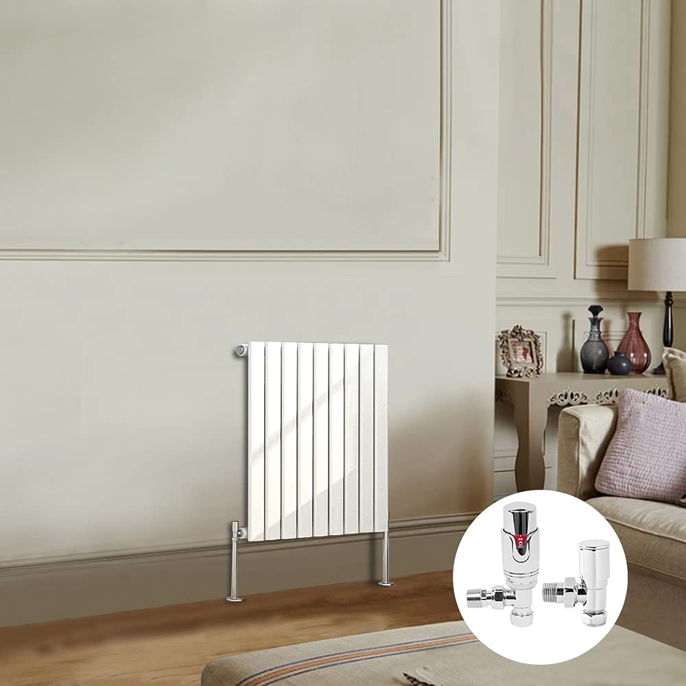 Blümme 600 x 612mm Horizontal Single Flat Panel Design Bathroom Heater Central Heating Radiators White with Angled Pair of Valves