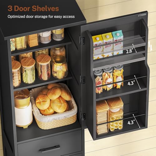 Image of TEENFON Tall Storage Cabinet with 3 Door Shelves & 1 Drawer, Narrow Kitchen Pantry Cabinet for Living Room, Bathroom, Entryway, Black