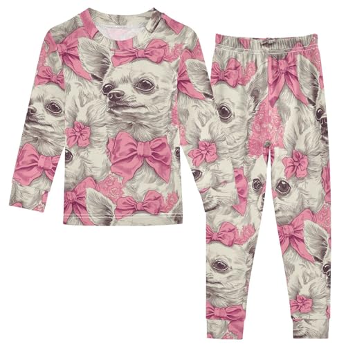 Pajama Sets Long Sleeve Chihuahua with Pink Bows Soft Comfy Sleepwear 2 Piece PJS 3-8T