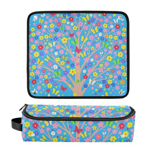 Bolsa de viaje para herramientas de cabello con estera resistente al calor, impermeable, organizador para planchas, rizadores y secadores, azul con diseño de mariposas, flores y árboles miniatura 3