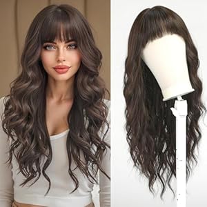 Esmee Long Wavy Black Brown Wig for Women Natural Synthetic Hair Heat Resistant Wigs with Fringe