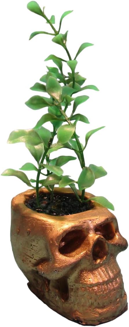 Handmade Large Gold Zombie Skull Aquarium Decoration with Tall Artificial Plant. Creepy Halloween Fish Tank Decor Ornament.