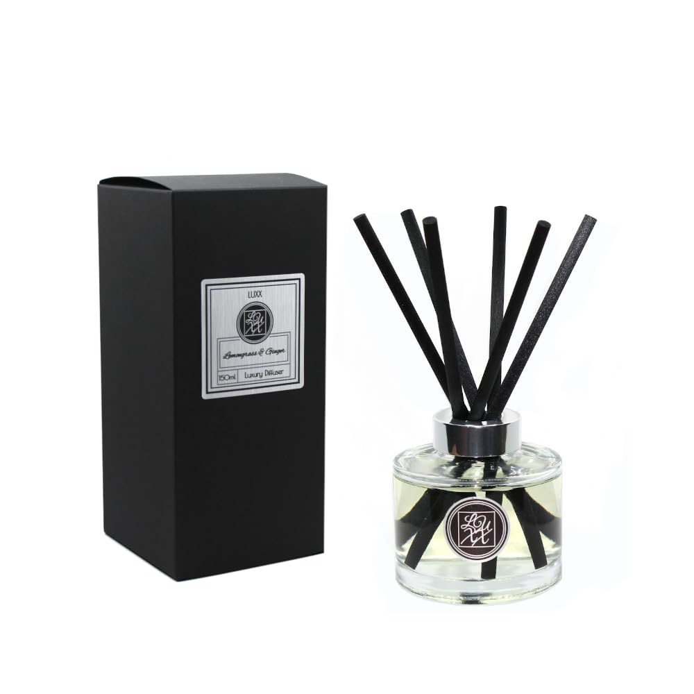 Lemongrass & Ginger | LUXX Creations Large Fragrance Reed Diffuser 150ml + 8 Black Reeds | Scent Notes: Lemongrass, Lime, Lemon, Cinnamon, Ginger, Patchouli & Nutmeg