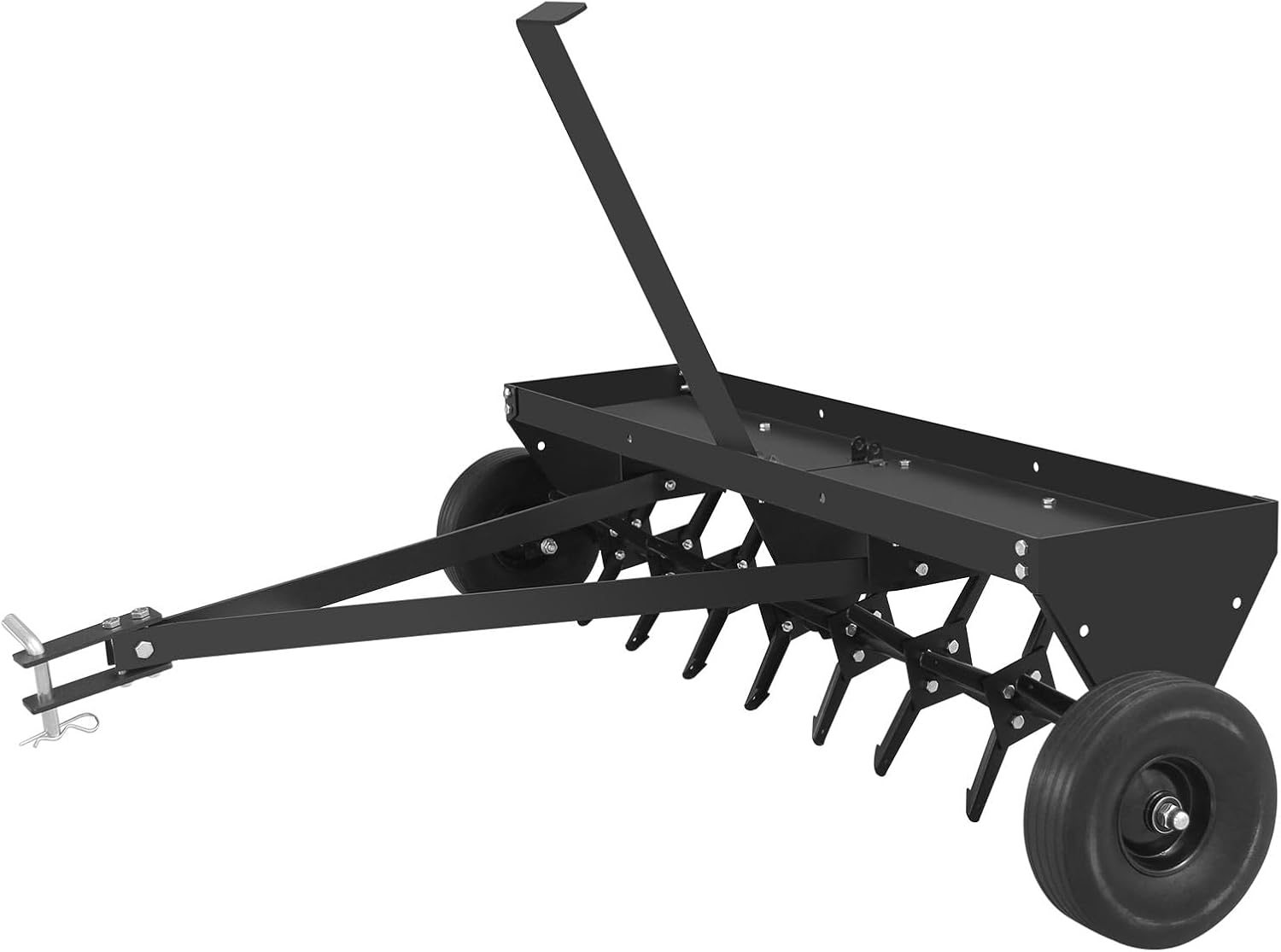 48" Tow Behind Lawn Plug Aerator with Universal Hich, Painted Galvanized Steel with Tray and Inflatable Wheels for Garden, Farm and Lawn Plug Aerators