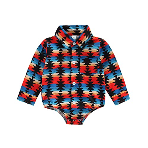 Image of Karuedoo Western Baby Boy Clothes Cow Print Shirt Romper Infant Long Sleeve Button Down Bodysuit Onesie Gentleman Outfit (B Blue Stripes, 0-6 Months)