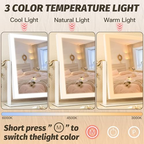 Image of FENNIO Vanity Mirror with Lights 13'' x 17'' Makeup Mirror with Lights,Vanity Mirror Touch Screen with 3-Color Lighting,Dimmable,for Vanity Desk Bedroom White