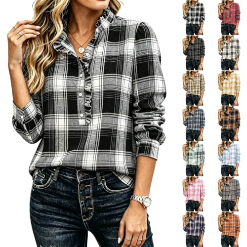 Plaid Shirt for Women Checkered Loose Fit Ruffled Neck Trendy Tops - image 1