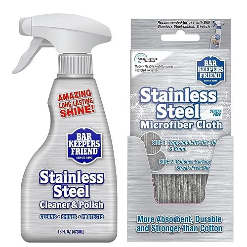 Bar Keepers Friend Stainless Steel Cleaner and Polish Spray (16 oz) Plus 1 Microfiber Cleaning Cloth, 2pc Cleaning Kit to Remove Oily Fingerprints, Grime and Food Debris without Dulling Surfaces