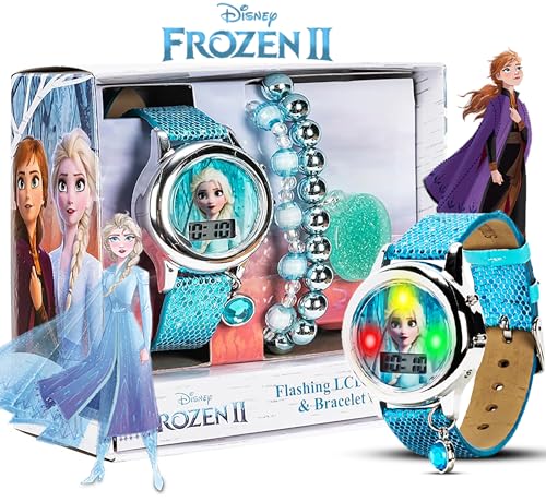 Disney Frozen II Elsa Light-Up Digital Kids Watch with LED Flashing Display, Sparkling Blue Strap, and Matching Bracelet Set – Ideal for Girls – Fits Wrists 5.5" to 8"2