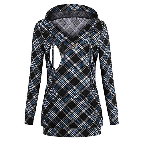 SamMoSon De Las Mujeres Enfermería Maternidad Mangas Largas Plaid Lactancia Capucha Sudaderas Ropa para Dormir Premamá Camisones Mujer Camisetas Trajes Baño (Blue 01 L)