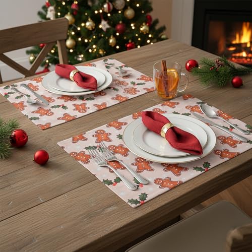 Image of Dining Table Mats Set of 2 - Gingerbread Man Theme,Digital Print, Washable, Indoor /Outdoor, Heat-Proof, Wipe & Clean (47X33 cm) Cream & Brown