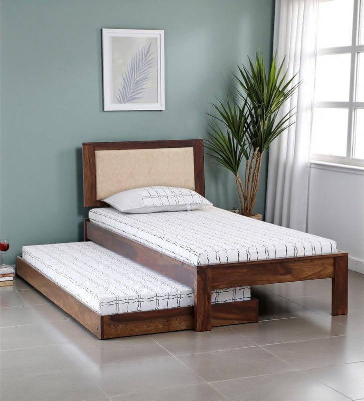 Image of Solid Sheesham Wood Pearl Single Size Trundle Bed with 1 Extra Pullout Bed | Wooden Single Bed Cot Palang Furniture for Bedroom Living Room Home and Hotel (Provincial Teak Finish)