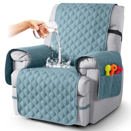 Image of TAOCOCO 100% Waterproof Recliner Chair Covers Reversible 22 inch, Sky Blue | Recliner Protector with Leg Straps, Washable 1 Seat Reclining Chair Slipcover with Storage Pocket for Pets & Kids
