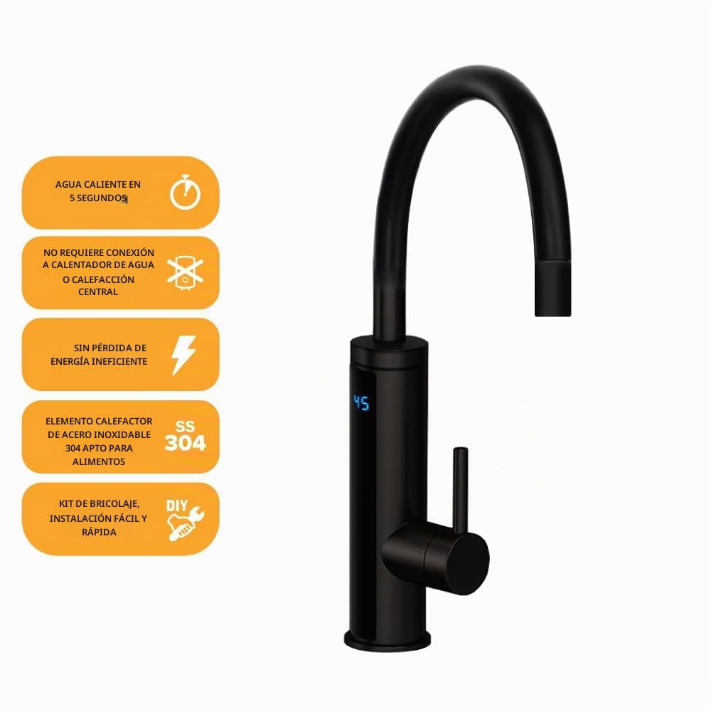 HOGART Grifo eléctrico con calentador de agua de 230 V para cocina, jardín, baño, caravana, camping, 2 accesorios, calentador inteligente, grifo con calentador de agua instantáneo, grifo de agua